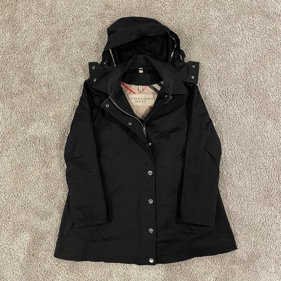 Burberry Brit Jackets & Blazers - Burberry Brit Hooded Black Trench Coat Rain Jacket Size 8 Women's